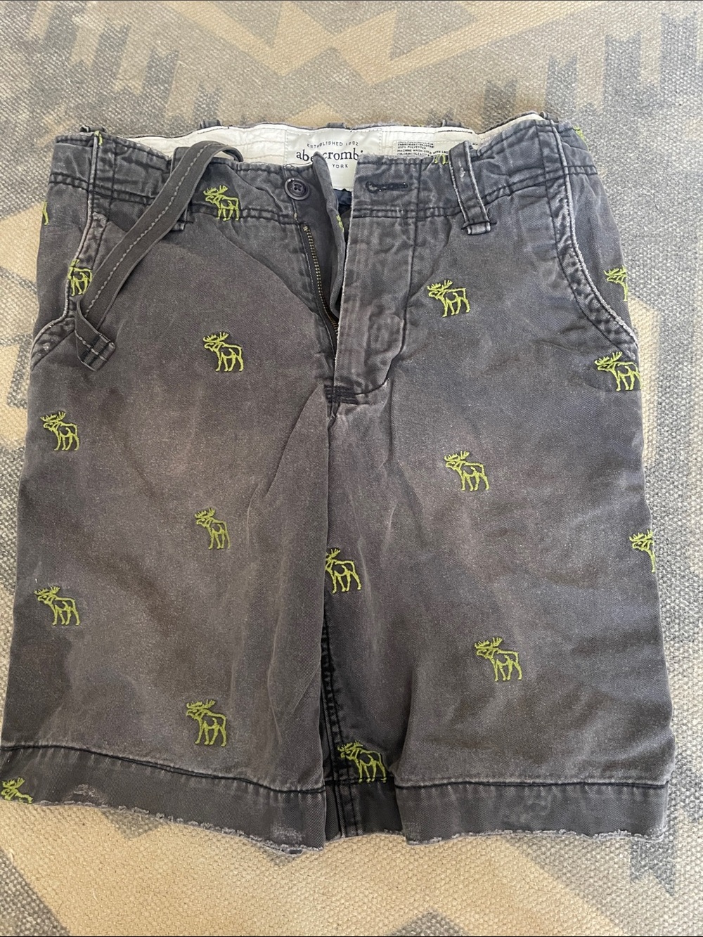 abercrombie kids charcoal shorts with lime green embroidered moose